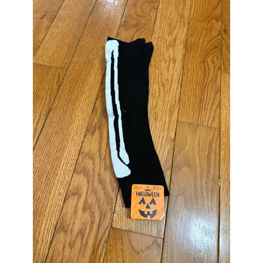 Happy Halloween Skeleton Bone Knee‎ High Socks Black White Shoe Size 4-10 NWT